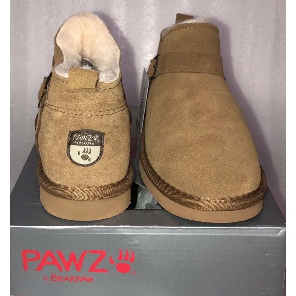 Pawz Bearpaw Amy Ankle Boots Youth Girls Size 10 Brown Genuine Suede Wool Lining